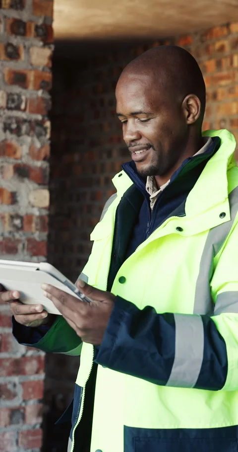 Smile, architecture and black man with tablet for planning construction project, Stock Footage 337022100