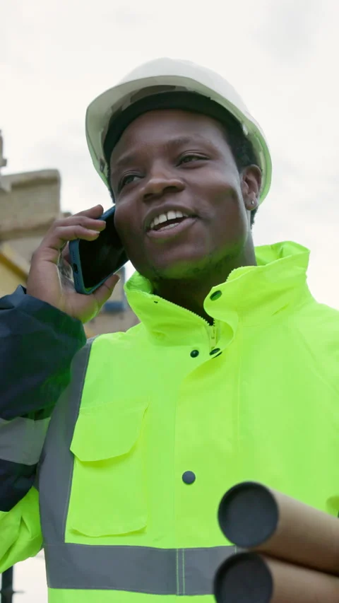 Smile, black man and engineer outdoor with phone call, inspection or blueprint Stock Footage 337992397