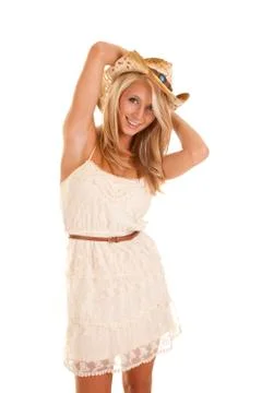 Smile both hands on hat Foto stock