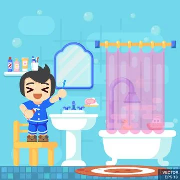 Smile Boy brushing teeth shower in bathroom. Modern flat vector illustration イラスト素材