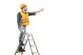 The smile builder on the ladder gesturing on the white background Photo