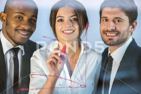 The smile business people draw at the virtual screen Stock Photos