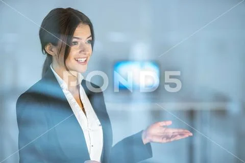 The smile businessman gesture over the glass Stock Photos