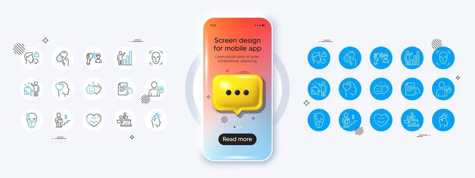 Smile chat, Hold document and Teamwork line icons. For web app, printing. Phone Stock Illustration