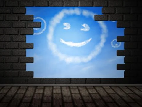 Smile cloud in hole in brick wall Illustration