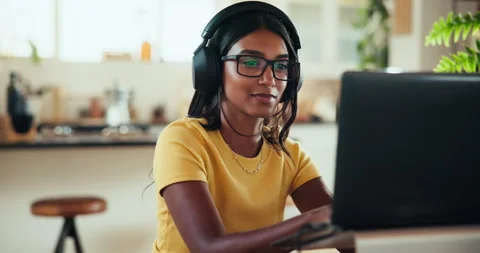 Smile, coder and computer with woman at home for freelance developer, gaming Stock Footage 300938635