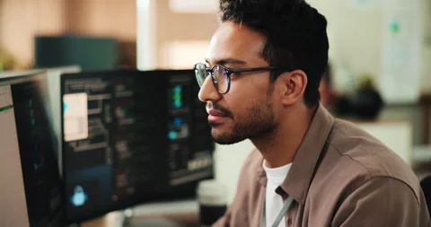 Smile, computer and programming with business man for cybersecurity, firewall Stock Footage 330070557