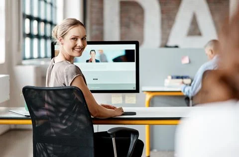Smile, computer screen and portrait of woman in office for web design, crea.. Stock Photos
