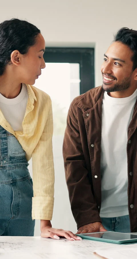 Smile, couple and document at house for renovation, blueprint and interior Stock Footage 340900397
