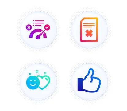 Smile, Delete file and Correct answer icons set. Like sign. Social media like Stock Illustration