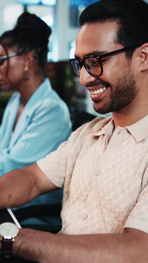 Smile, editing or programmer in office with computer, bug fix or good news in Stock Footage 333232066