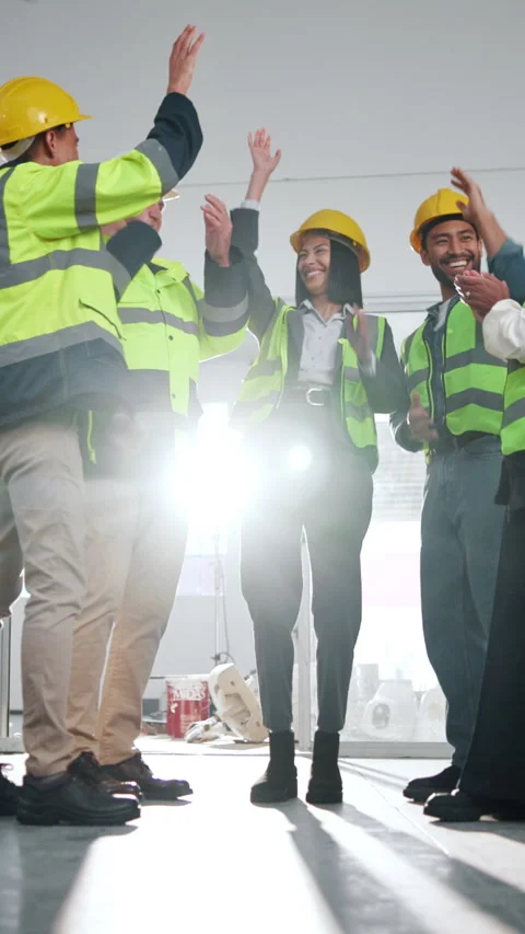 Smile, engineer and hand stack for construction, agreement and teamwork for Stock Footage 342322507