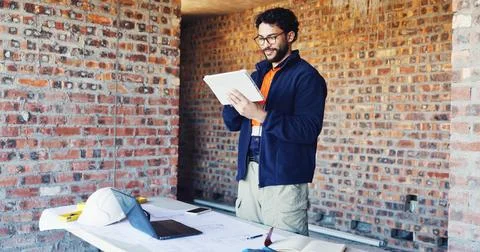 Smile, engineer and man with tablet for construction, research and informat.. Stock Photos