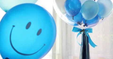 Smile face happy balloon floating decorated in celebration party Stock Footage 85113592
