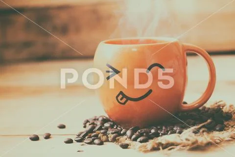 Smile Face Hot Coffee Cup With Bean On Wood Background, Happy Coffee Time C..