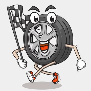 Smile face tyre character running holding race flag. funky tire mascot Stock Illustration