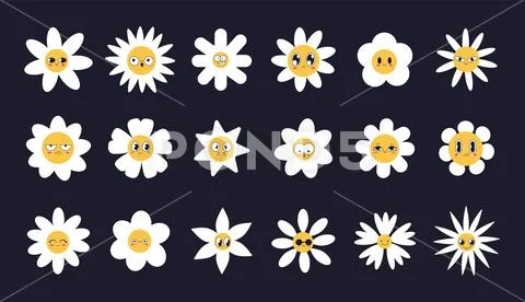 Groovy daisy flowers face collection. Retro chamomile smiles in