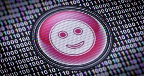 Smile icon. Binary code ( array of bits ) in the screen. Looping footage 動画素材 111146823