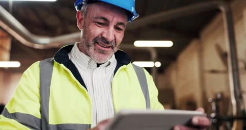 Smile, man and engineer at workshop with tablet, research and inspection report Stock Footage 340000992