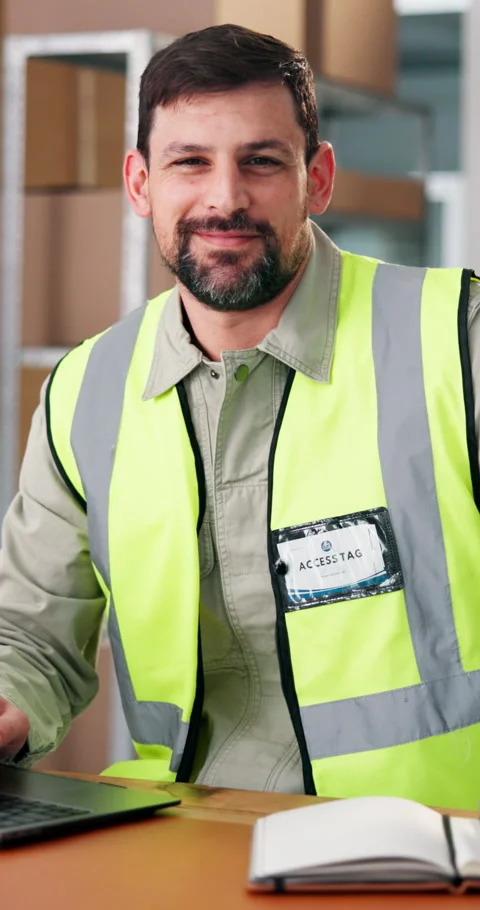 Smile, man and face of logistics worker in office for distribution, procurement Stock Footage 343031243
