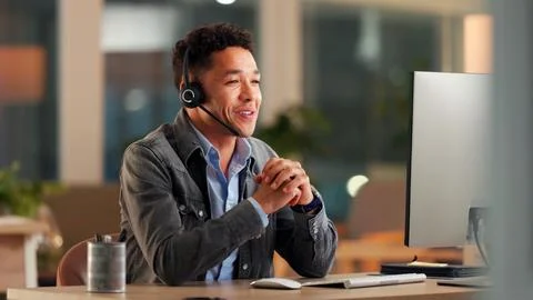 Smile, man and headset with computer in call centre for customer service, o.. Stock Photos