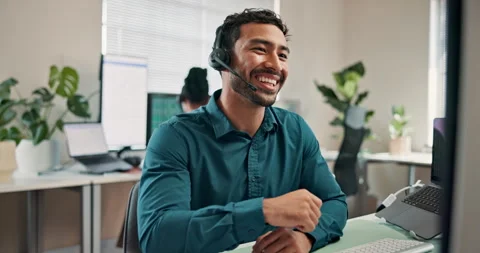 Smile, man and programmer at call center with computer, discussion and crm for Stock-Footage 346947622