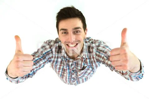 The smile man thumbs up on the white background. View from above Stock Photos