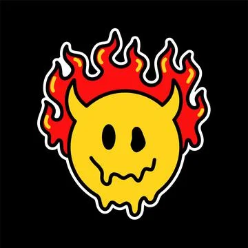 Smile melt face with devil horns burn in fire t-shirt print design. Vector hand Stock Illustration