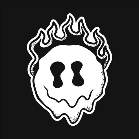 Smile melt face with devil horns burn in fire t-shirt print design. Vector hand Stock Illustration