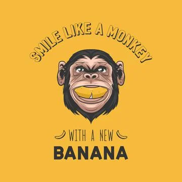 Smile Like a Monkey with a New Banana. Vector Smiling Chimpanzee Ape with Banana Illustrazione stock