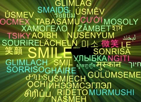 Smile multilanguage wordcloud background concept glowing Stock Illustration