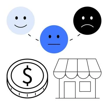 Smile, neutral, and sad faces linked to represent customer satisfaction stage Stock Illustration