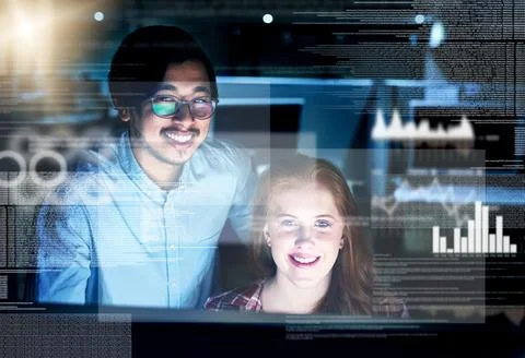 Smile, people and coding overlay at night for web research, software programmer Stock-Fotos