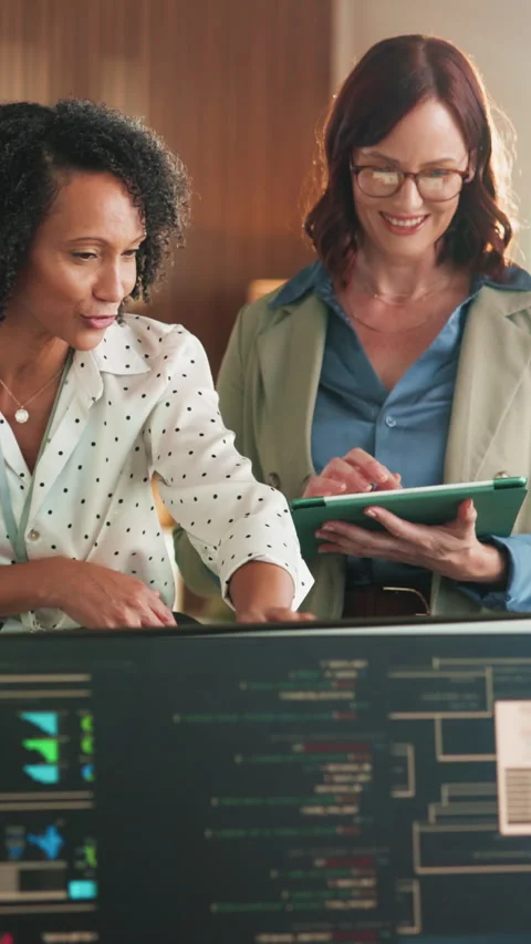 Smile, people and computer in office for programming, research and training for Stock Footage 342242657
