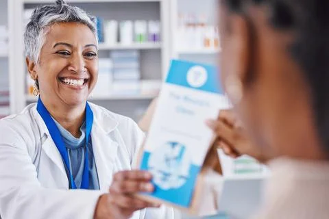 Smile, pharmacist with prescription drugs in package and advice on health care Stock Photos