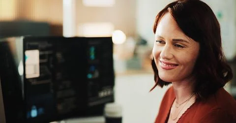 Smile, programmer and computer with business woman in office for web develo.. Stock Photos
