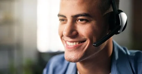 Smile, remote work or man with headset in home, problem solving or consulti.. Stock Photos
