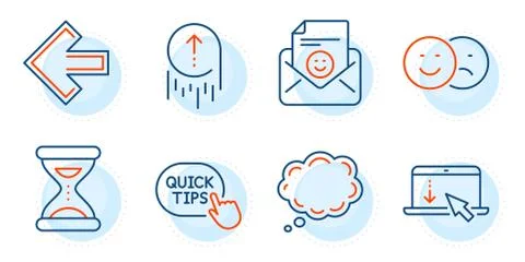 Smile, Scroll down and Comic message icons set. Swipe up, Quick tips and Like Illustrazione stock