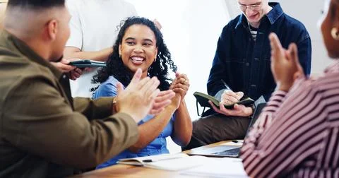 Smile, students and applause in class with laptop, good news and lesson suc.. Stock Photos