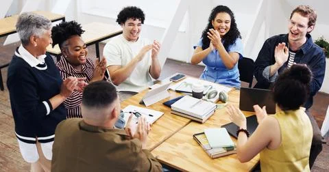 Smile, teacher and students in class with applause, good news and lesson su.. Stock Photos