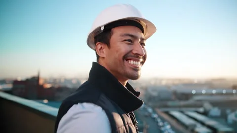 Smile, thinking and engineer outdoor for construction, inspection or planning Stock Footage 337923977