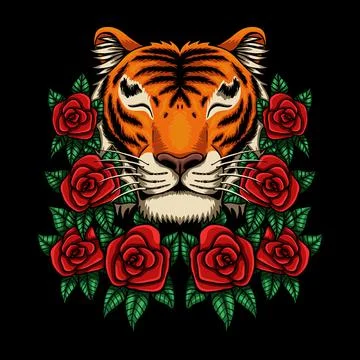 Smile tiger with rose flower vector illustration Stock Illustration