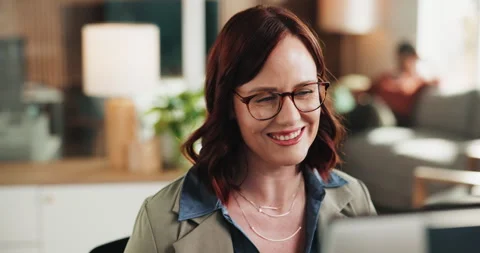 Smile, woman and developer with computer in office for research, software manual Stock Footage 330048202