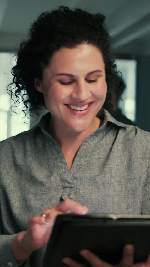 Smile, woman and programmer with tablet in office for research, server update Stock Footage 332912348