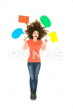 The smile woman gesture near the dialog signs. View from above Stock Photos