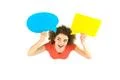 The smile woman hold the dialog signs. View from above Photo