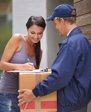 Smile, young woman and signing delivery from postman or exchange for logistics Stock Photos