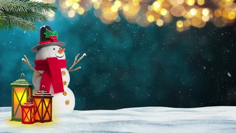 Smiled snowman with glowing lanterns Stock Footage 250448089