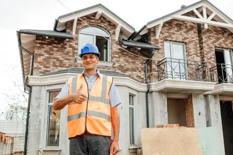 Smiley Asian worker builder man or civil engineer man with protective safety Stock Photos