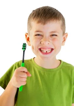 Smiley boy cleans a teeth isolated on white background Stock Photos